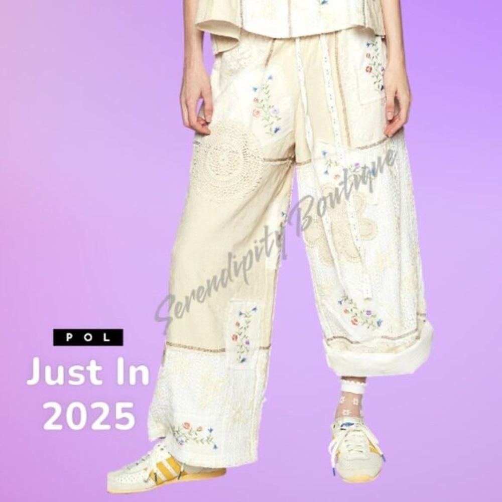 POL Doilies & Daisies Embroidered Soft Quilted Gauze Boho Wide Leg Pants.